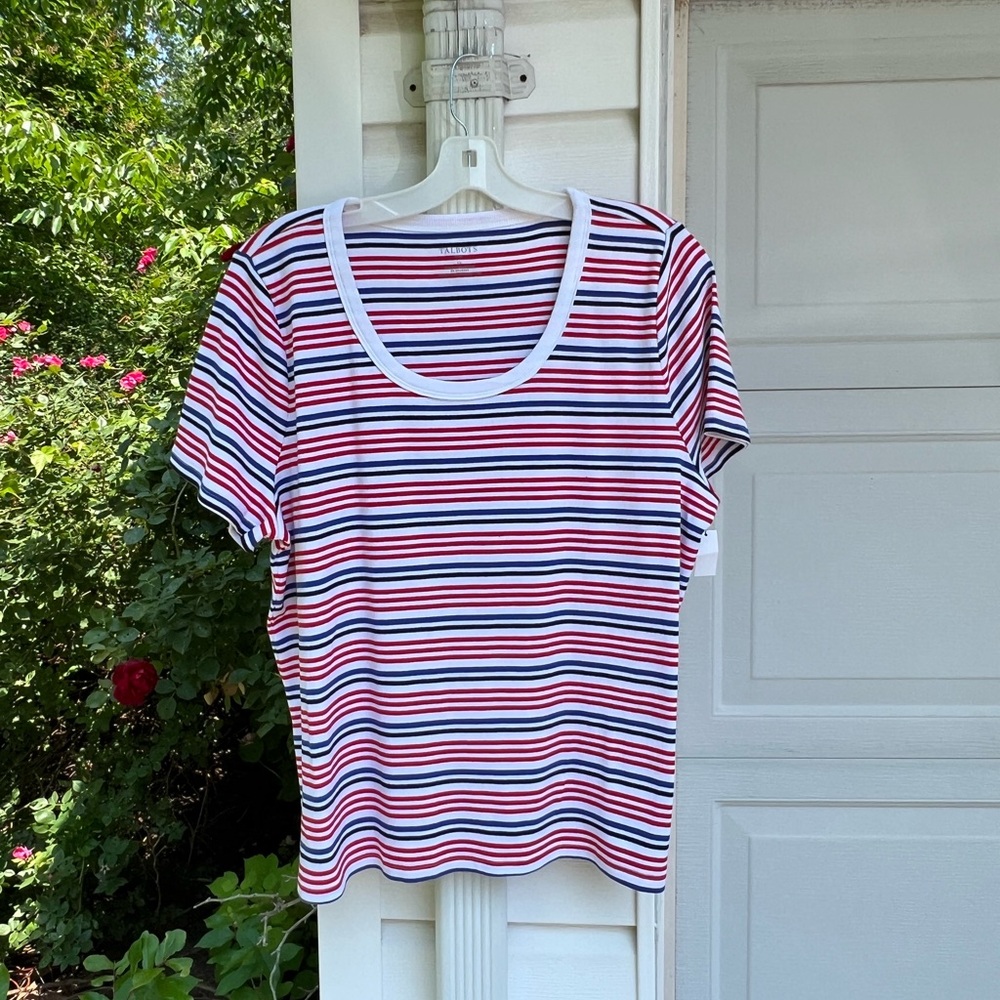NWT Talbots Pretty Red White Blue Black Stripe Scoop Neck Short Sleeve Top